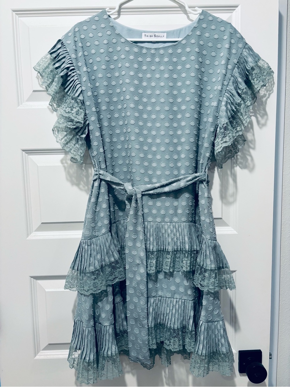 Trish Scully, Women’s Dusty Blue Lace Dot Drop Waist Ruffle Dress